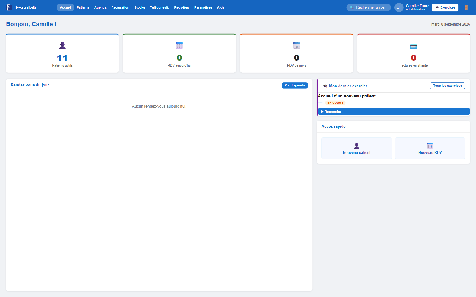 Tableau de bord Esculab — vision globale du logiciel de gestion